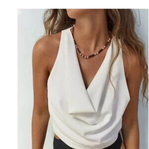 Zara White Cowl Neck Sleeveless Crop Shirt